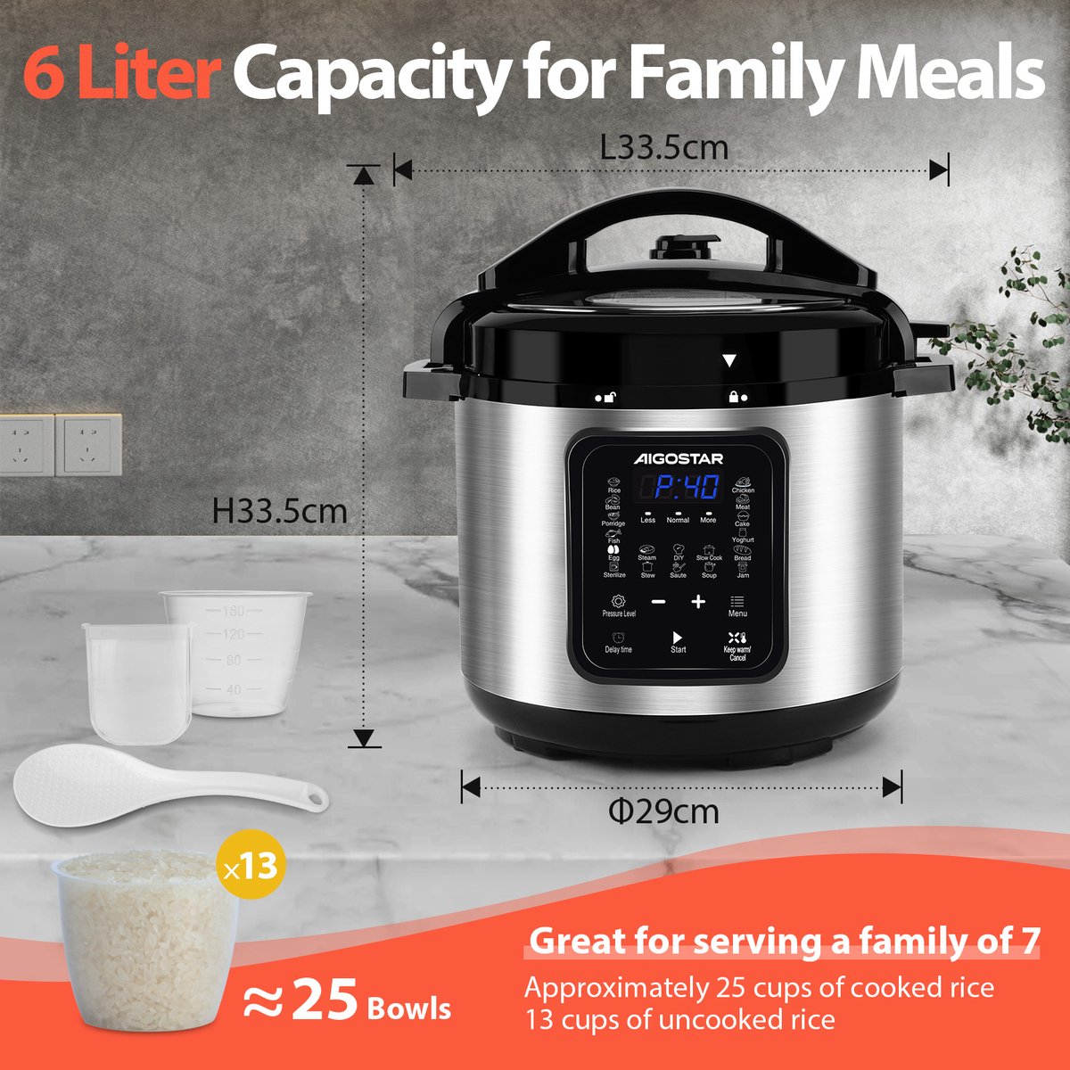 Aigostar Derrick - Pressure Multicooker - 6 Liter - Snelkookpan - Slow Cooker - Rijstkoker - Stomer – foto 5