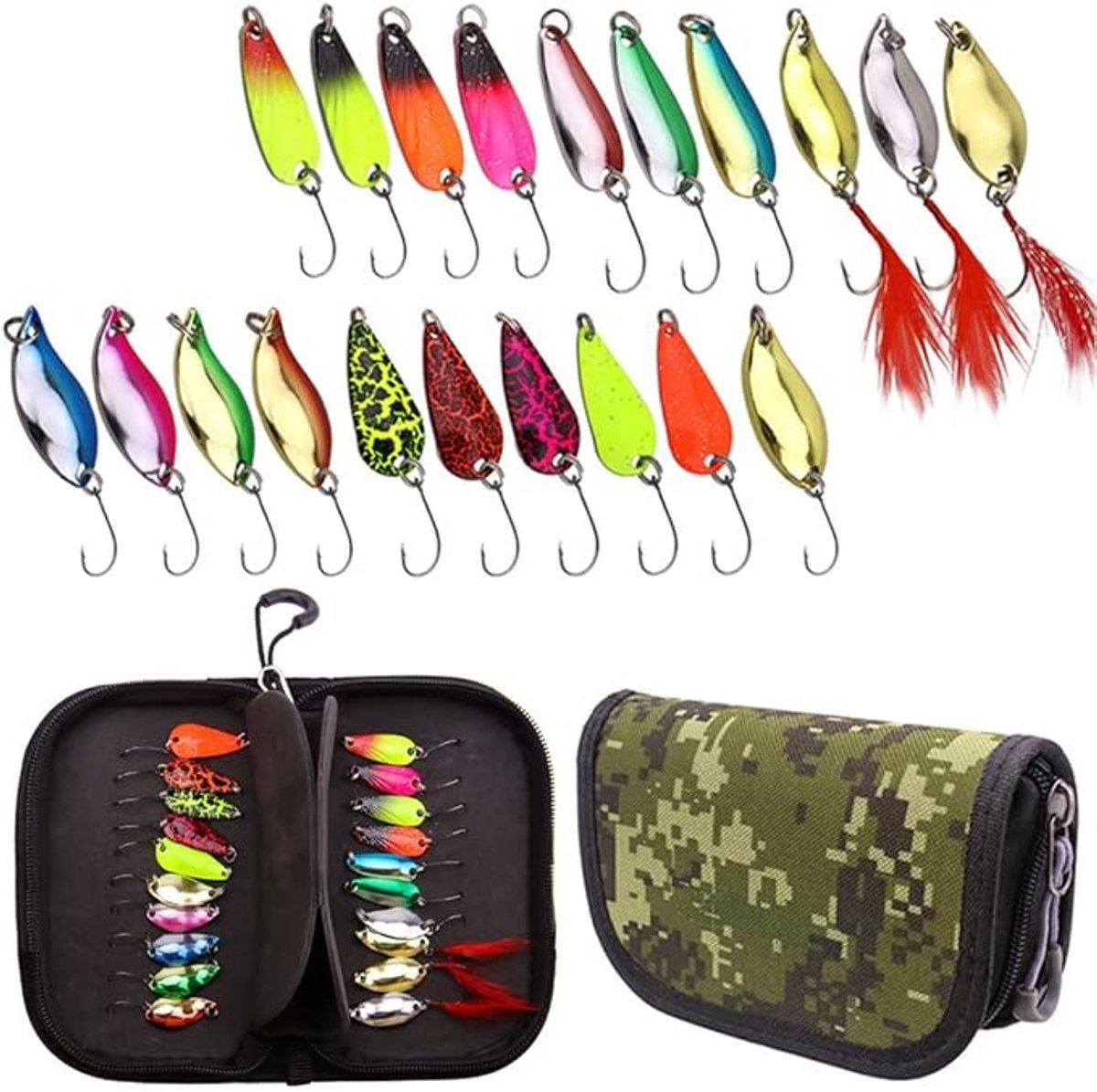 S&Dshopline® Forellen lepelset, kunstaas, spinner, knipperlichtenset, visaas, 20 stuks, hengelaccessoires voor snoek, snoekbaars, baars, forel, met doos