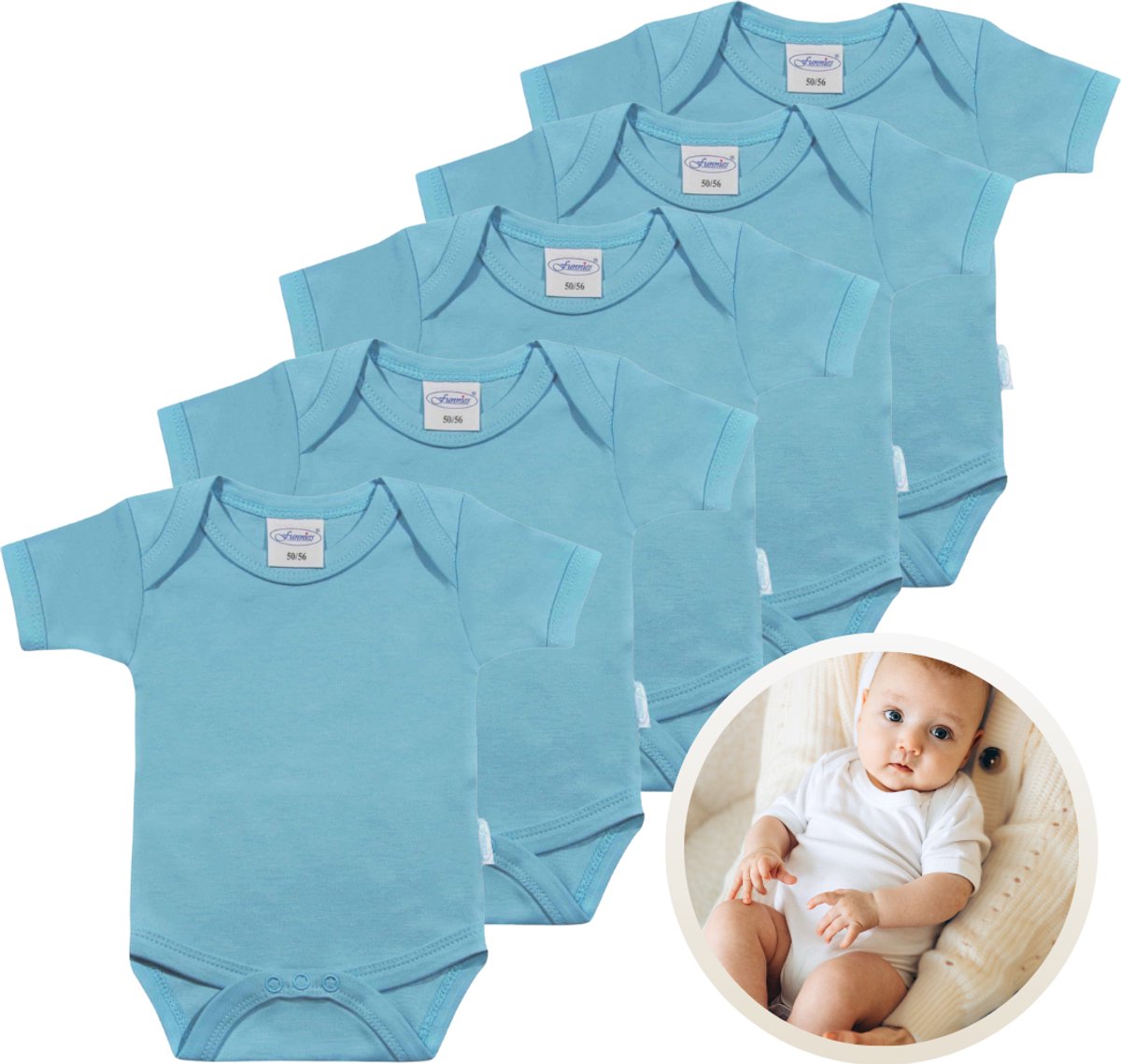 Funnies Rompertjes 5-Pack Blauw - 62-68 - Set van 5 Zachte Babyrompers / Boxpakjes / Babybody's - Gemaakt van Comfortabele en Ademende Stoffen - Perfect voor Dagelijks Gebruik bij Baby’s - Makkelijk aan en uit te trekken en Wasmachinebestendig