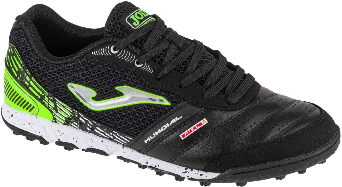 Zwarte Joma Mundial 25 MUNS TF voetbalschoenen voor mannen, maat 44, van grof leder met groene en zilveren accenten.