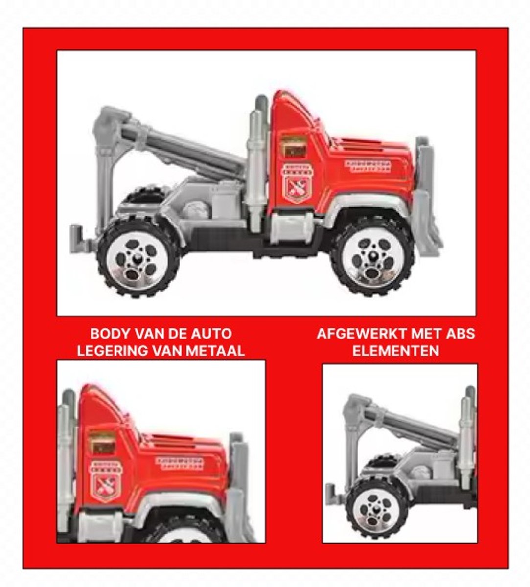 Goodz4All Speelgoed Brandweer Vrachtwagen Brandweerauto Auto met 6 Mini Autootjes - Transportwagen met 6 Miniatuur Auto’s Ziekenwagen Takelwagen Kiepwagen Pick Up Truck Brandweerwagen - Trailer Constructie Autotransporter met Kleine Autootjes — afbeelding 7