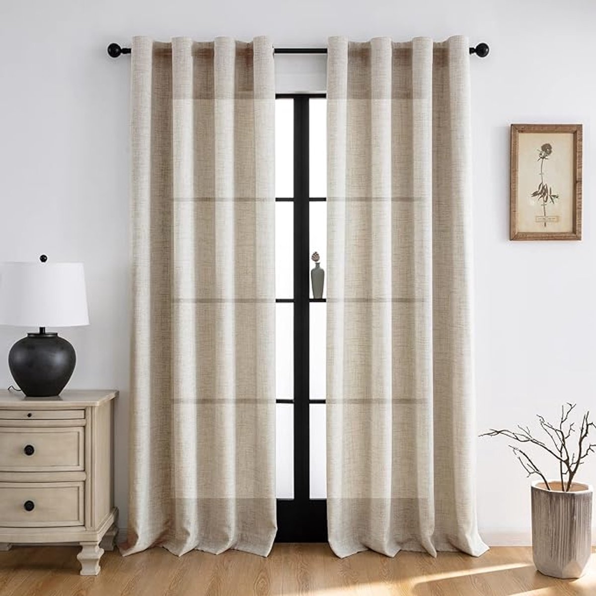 Famanu - Gordijnen Kant En Klaar Met Haakjes - Gordijnen Met Plooiband Beige Linnen Look Semi-Vrije Gordijnen Set Van 2 - 225x140 CM - Beige - Grijs - Natuurlijk - Wit