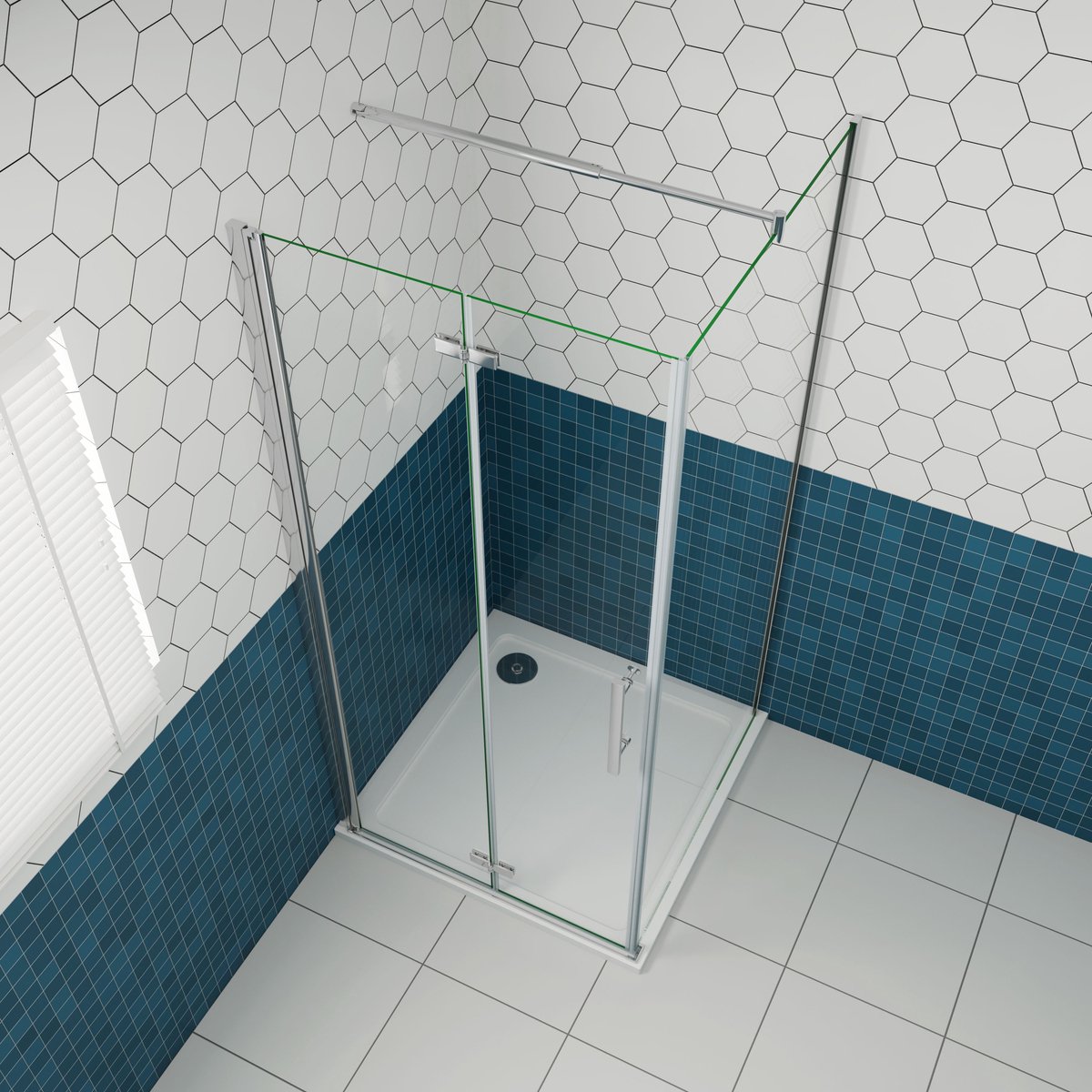 B:90xD:120xH:195cm Douchecabine, draaideur + zijpanelen 6mm NANO EasyClean veiligheidsglas, met Stabilisatiestang 70-120cm (verstelbaar), profiel van glanzend chroom.