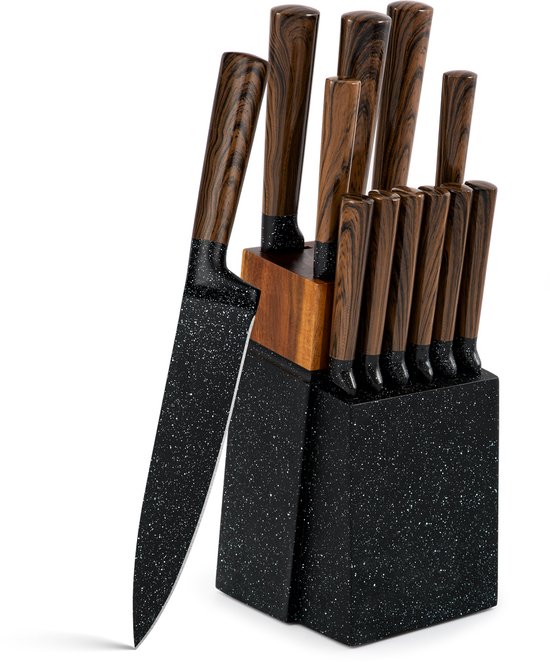 Royal Swiss Messenblok met Messen – 12-delig RVS Koksmessenset – Met Messenslijper & Houten Houder – Bruin – Hoge Kwaliteit