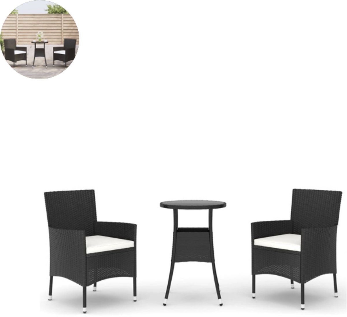 Balkonset 2 personen - Tuinset - Bistroset - Zwart en wit - Weerbestendig - 3 delig - Tuintafel en 2 stoelen - 2 personen - Poly Rattan