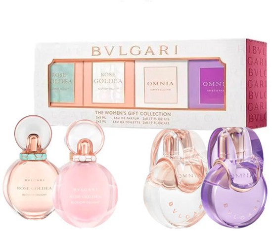 Bvlgari The Women's Gift Collection met vier mini-parfums en een doos met mini-flesjes: Rose Goldea Blossom Delight EDP, Rose Goldea Blossom Delight EDT, Omnia Crystalline EDT, Omnia Amethyste EDT.