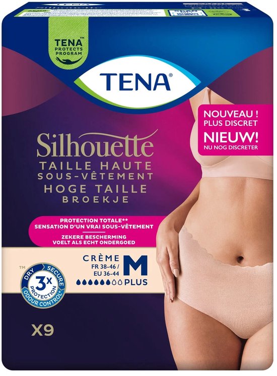 Tena Silhouette hoge taille broekje, crème, maat M. 9 stuks.