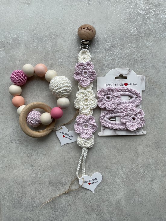 Maminobaby.nl - Baby geschenkset meisjes - Handgemaakte speenkoord - Handmade haarclip - Knisperkonijn - Sokjes - Kraamcadeu - Babyshower van Maminobaby.nl — afbeelding 2