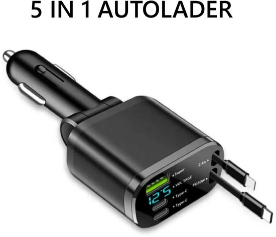 Zwarte 5-in-1 autolader met twee USB-C kabels en een digitaal display.