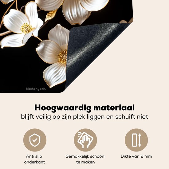KitchenYeah® Inductie beschermer 78x78 cm - Bloemen - Wit - Goud - Kookplaataccessoires - Afdekplaat voor kookplaat & Spatscherm achterwand - Inductiebeschermer - Inductiemat - Inductieplaat mat - Keuken decoratie