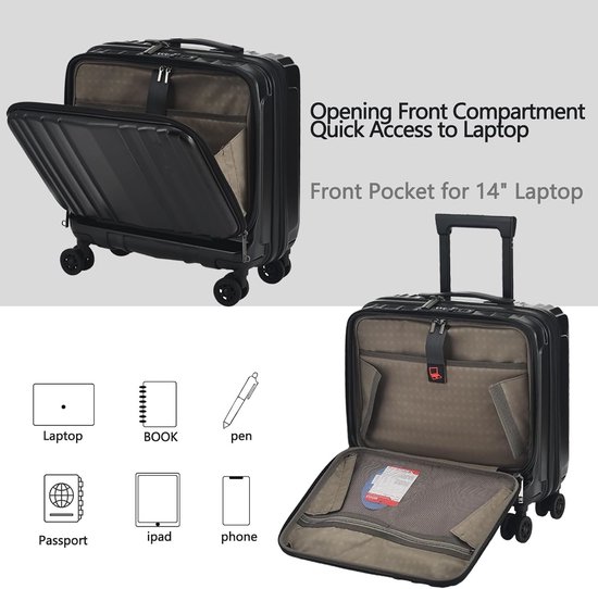 TydeCkare 20 Handbagage met Laptopvak, 55x40x20cm, Luchtvaartmaatschappij Compatibel, 34L Hardcase Klein, Lichtgewicht, 4 Wielen, TSA Slot, Zwart