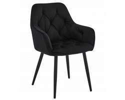 Stoel JORK - Zwart Velvet - Zwarte Metaalpoten - Luxe Eetkamerstoel - Fauteuil - Met Armleuning - Modern Design - Elegant en Comfortabel voor Woonkamer, Keuken of Eetkamer - Max. 110 kg