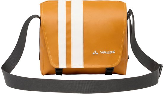 Bruine schoudertas met witte strepen, VAUDE logo en zwarte schouderband.