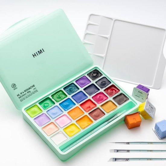 Een open mintgroene HIMI gouache verfdoos met 24 kleuren, inclusief palet en penselen.