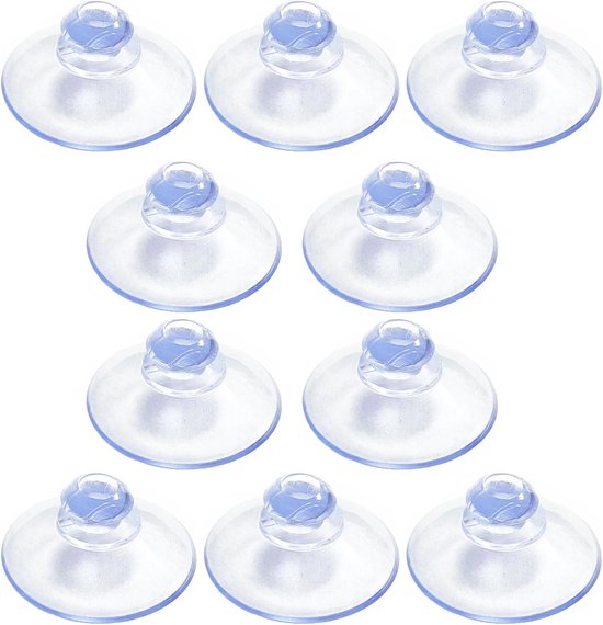 Tien transparante PVC paddestoelkop zuignappen, elk met een blauwe knop in het midden.