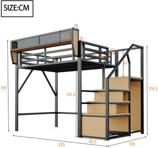 VSOGA Hoogslaper, 140 x 200 cm, stabiele metalen constructie met ruime opbergruimte onder het bed en de trap. Ideaal voor kinderen en volwassenen, opbergbed voor maximale ruimtebesparing