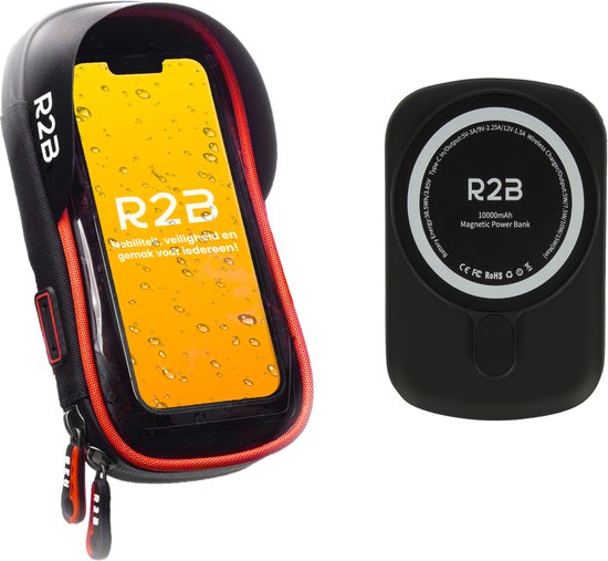 R2B Telefoonhouder Fiets Waterdicht + Powerbank 10.000 mAh - 2 tot 4 keer opladen - Geschikt voor Magsafe - Powerbanks - Gsm Houder Fiets - Fietshouder - Power Bank - Fiets Telefoonhouder - Phone Holder Bike
