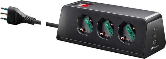 Foto: Bureau stekkerdoos met veiligheidsschakelaar 3x sicury universele stopcontacten 2x usb a 1x usb c 2 meter kabel 10a stekker zwart