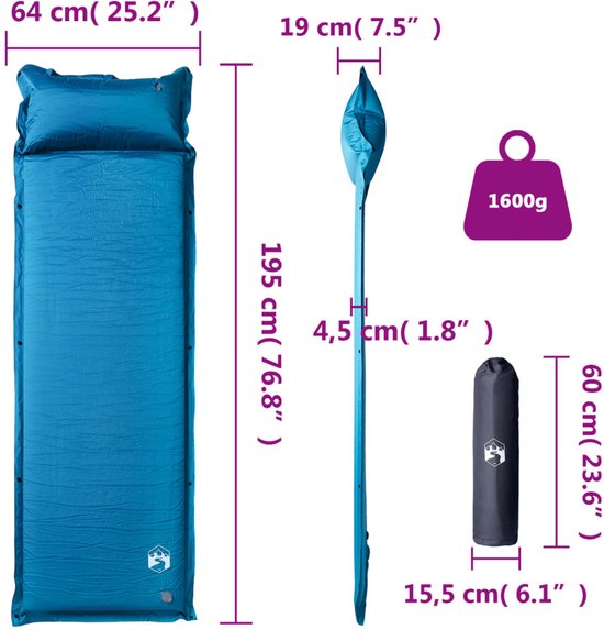 Kampeermatras met kussen zelfopblazend 1-persoons turquoise van Quechua — afbeelding 4