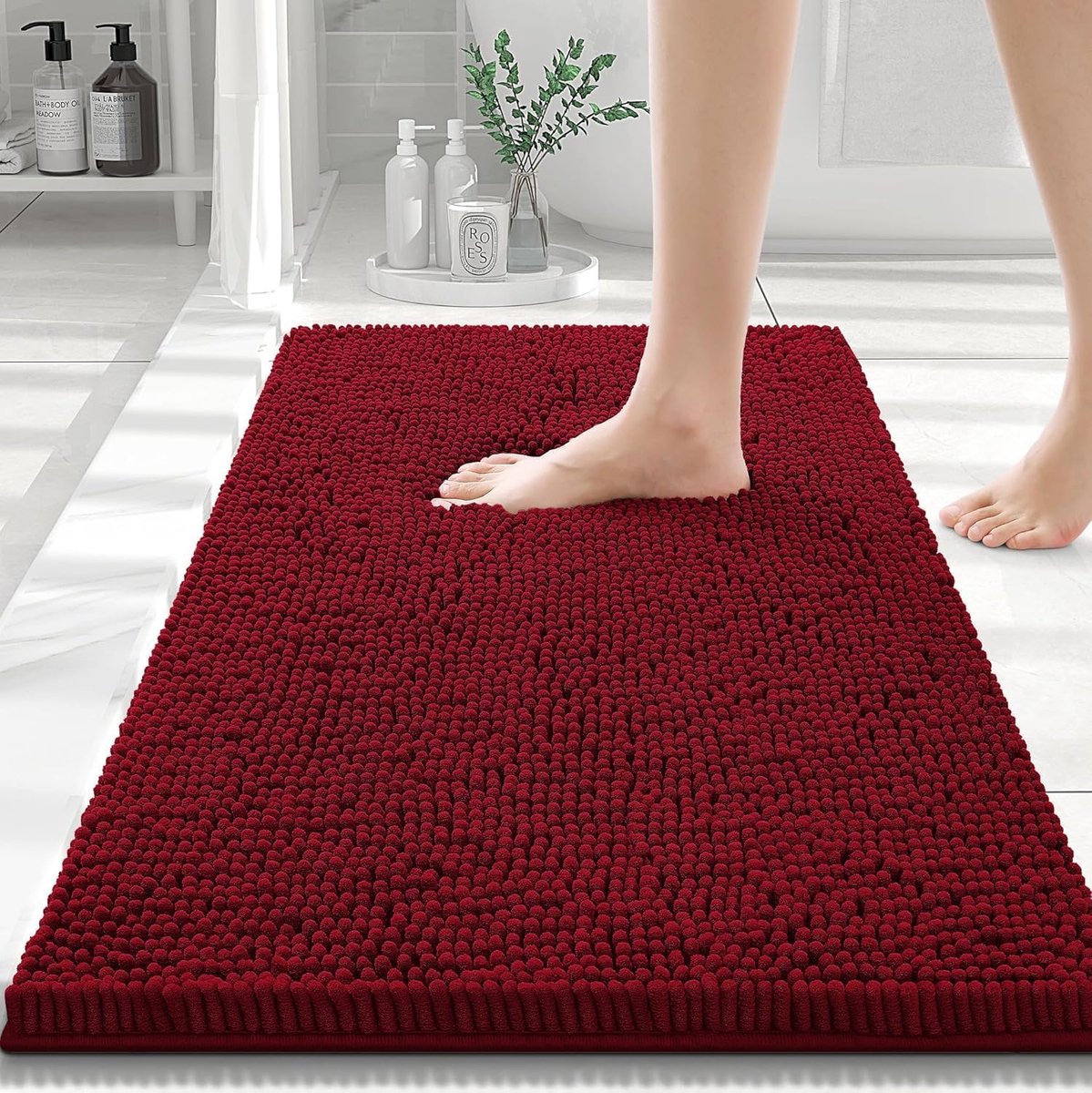 Chenille badmat - absorberend - hoogpolig - 40 x 60 cm - wijnrood - antislip