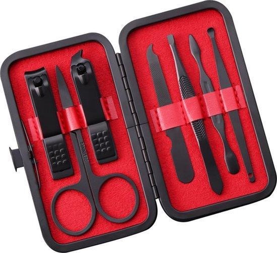 New Age Devi - Manicure Set - Met Pedicuresetje, Nagelset en Reisetui - Inclusief Nagelknip set, Nagelschaar en meer - Voor perfecte nagels onderweg - Rood/Zwart - Pedicure setje - 10-delig