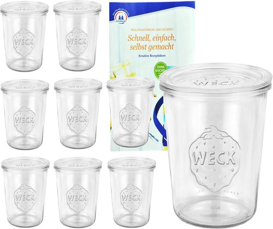 Set van 9 Weck-potten van 850 ml, 3/4 liter met 9 glazen deksels, incl. geleer-magie receptenboekje van Diamantzucker