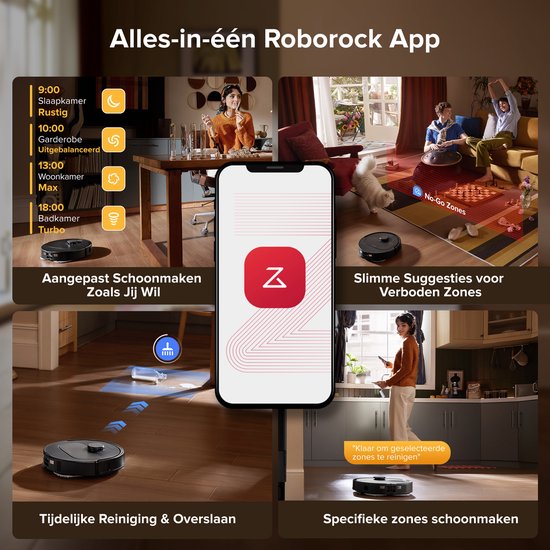 App met functies: aangepast schoonmaken, slimme suggesties voor verboden zones, tijdelijke reiniging, specifieke zones.