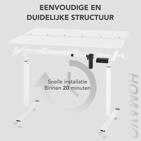 Exploded view van een wit zit-sta bureau met de onderdelen van het frame, motor en bedieningspaneel. 'Snelle installatie Binnen 20 minuten'.