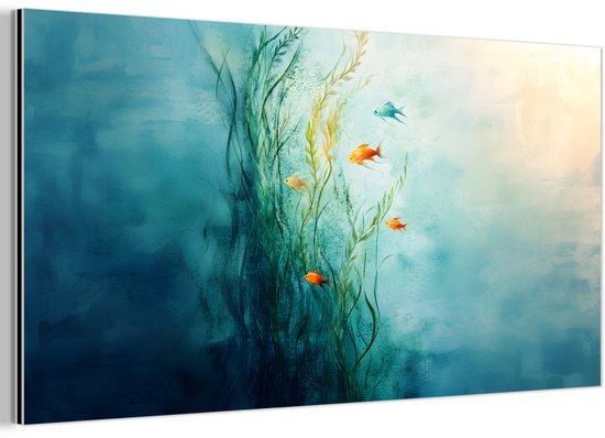 Een schilderij met een abstracte onderwaterwereld, met groene waterplanten, oranje en blauwe vissen, en licht van boven.