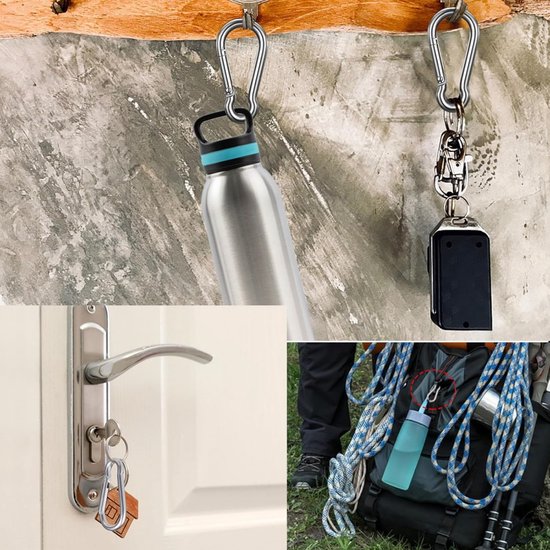 Drie toepassingen van karabijnhaken: aan een waterfles, sleutels aan een deurknop en een waterfles aan een rugzak.