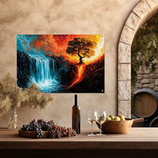Magische waterval met vurige boom - Dualiteit tuinprints - Tuinschilderijen waterval - Surrealistisch - Weerbestendige decoratie - Wandposter voor tuin - tuinposter 45x30 cm