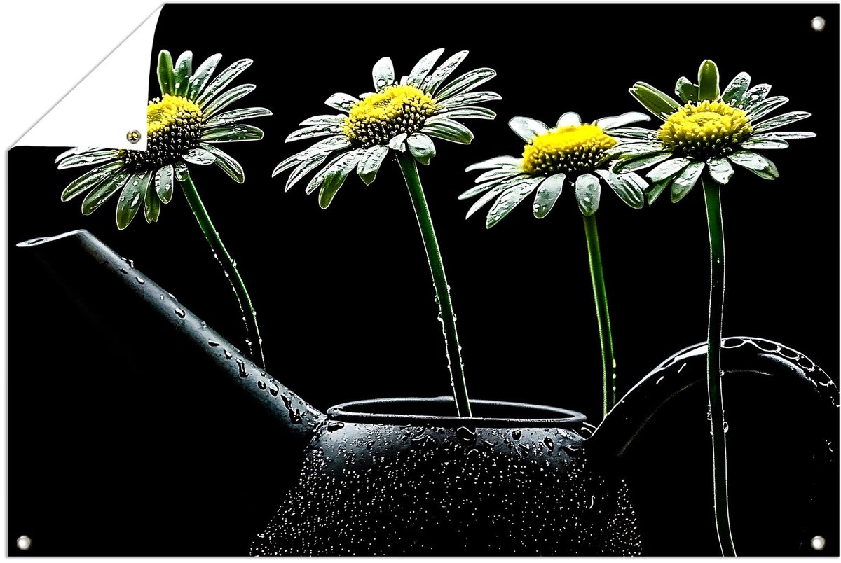 Bloemen in gieter met druppels - Bloemen tuinprint - Tuinschilderijen gieter - Hyperrealis