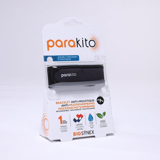 Parakito anti-muggen armband in verpakking. Zwarte armband met logo. Tekst: "BRACELET ANTI-MOUSTIQUE", "RECHARGEABLE".