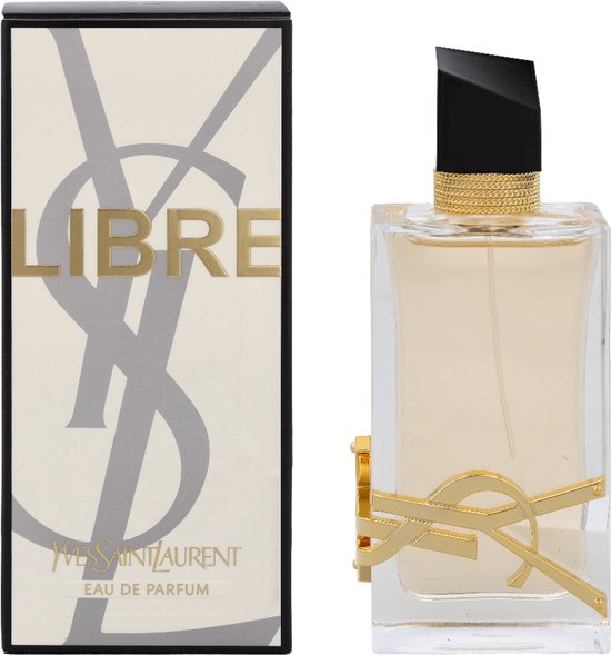 Parfumfles met gouden 'YSL'-logo en doosje met 'LIBRE' in gouden letters.
