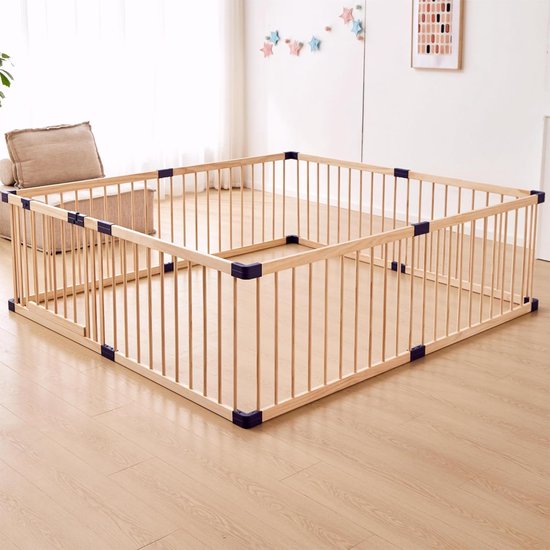 Lucellia® Prime Wood Grondbox Baby - Speelbox - Kinderbox Hout - Playpen - Kruipbox - Babypark - Babybox Blauwe Connectoren - Slim Kliksysteem - Vast Model - 120x160x68 cm - EU Gecertificeerd