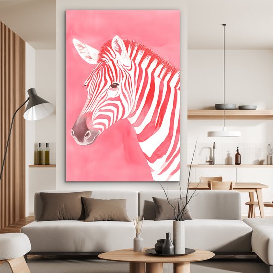 Aluminium schilderij 100x150 cm - Wanddecoratie metaal - Zebra - Pink - Verf - Metalen muurdecoratie woonkamer - Decoratie industrieel - Foto op dibond - Industriële accessoires slaapkamer