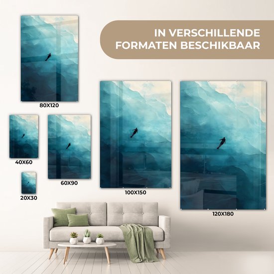 MuchoWow® Glasschilderij 80x120 cm - Schilderij acrylglas - Zee - Silhouet - Abstract - Blauw - Foto op glas - Muurdecoratie woonkamer - Wanddecoratie slaapkamer - Schilderijen