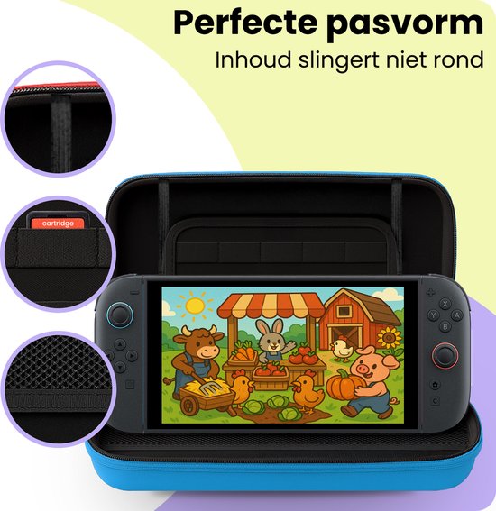 Blauwe Nintendo Switch case met een perfecte pasvorm, met vakjes voor cartridges.
