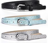 3 Stuks Meisjes Riemen – Maat 75 (8-11 jaar) – Zilver, Blauw & Zwart – Kinder Riemen met Hartjes – Verstelbare Riemen
