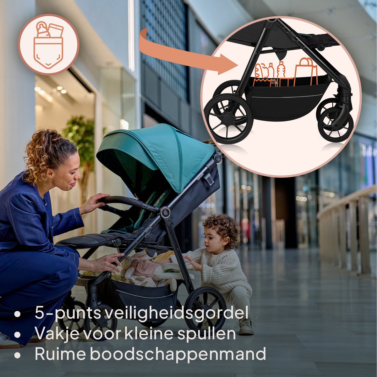 Lionelo Mira - Kinderwagen - Wandelwagen - Voor Kinderen tot 22 kg - Voorwielen 360° - Verstelbare Rugleuning & Handgreep - Waterdichte XXL Luifel met UPF50+ - 5-Puntsgordel - Grote Off-Road Wielen - Volledige Schokdemping - Compact Opvouwbaar – foto 4