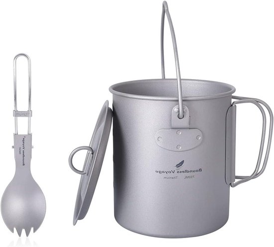 Boundless Voyage Titanium Outdoor Pot with Lid with Folding Handle for Camping, Picnics, Ultralight and Portable Water Bottle Cup Set with Spork Ti15114A 1000 500 ml