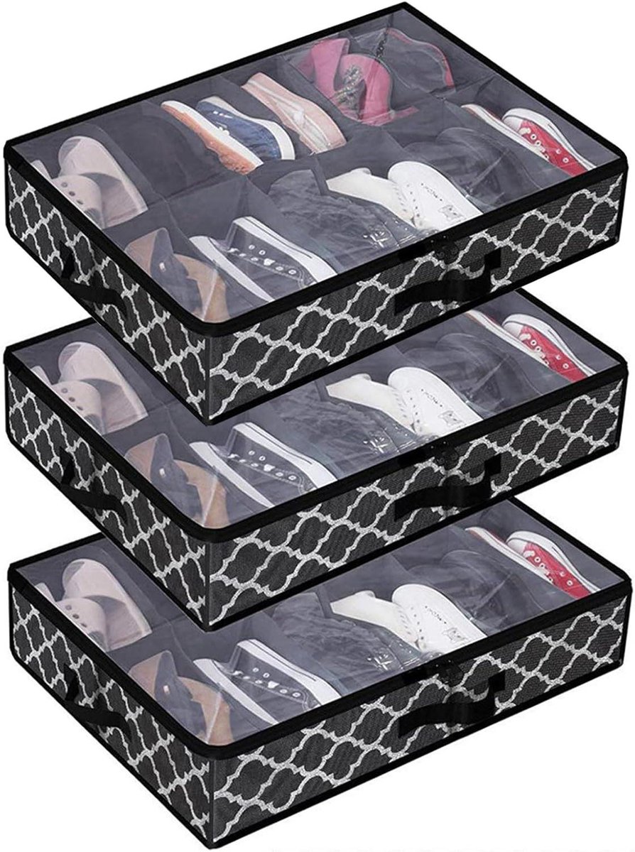 3 stuks sterke schoenenopbergbox voor onder het bed met 12 vakken
