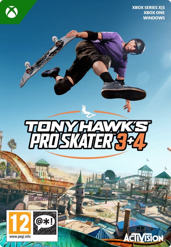 Tony Hawk's Pro Skater 3+4 gamecover met skateboarder in de lucht, voor Xbox Series X|S, Xbox One en Windows.