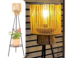 Gadgy Solar Tuinverlichting Staande Lamp Terras - Buitenlamp Zonne Energie Balkon & Tuin - Driepoot Tuinlamp Led Buiten met USB-aansluiting - Lantaarn voor Buiten Verlichting - Bruin Rattan