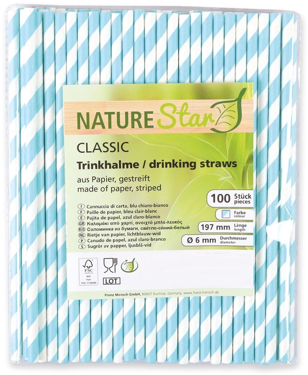 Nature Star - Papieren rietjes 100% biologisch afbreekbaar wegwerp blauw/wit gestreept 100 stuks - plastic vrij!