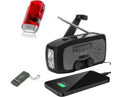 Nood Radio Op Batterijen (Accu) Voor Rampen - Knijpkat - Noodfluit - Radio Opwindbaar - Noodradio - Solar Opwindbaar - Multifunctionele Noodradio - Survival Radio - Zaklamp / Powerbank - Noodpakket - Noodpakket voor Thuis - Draagbare Radio - Zwart