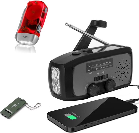 Nood Radio Op Batterijen (Accu) Voor Rampen - Knijpkat - Noodfluit - Radio Opwindbaar - Noodradio - Solar Opwindbaar - Multifunctionele Noodradio - Survival Radio - Zaklamp / Powerbank - Noodpakket - Noodpakket voor Thuis - Draagbare Radio - Zwart