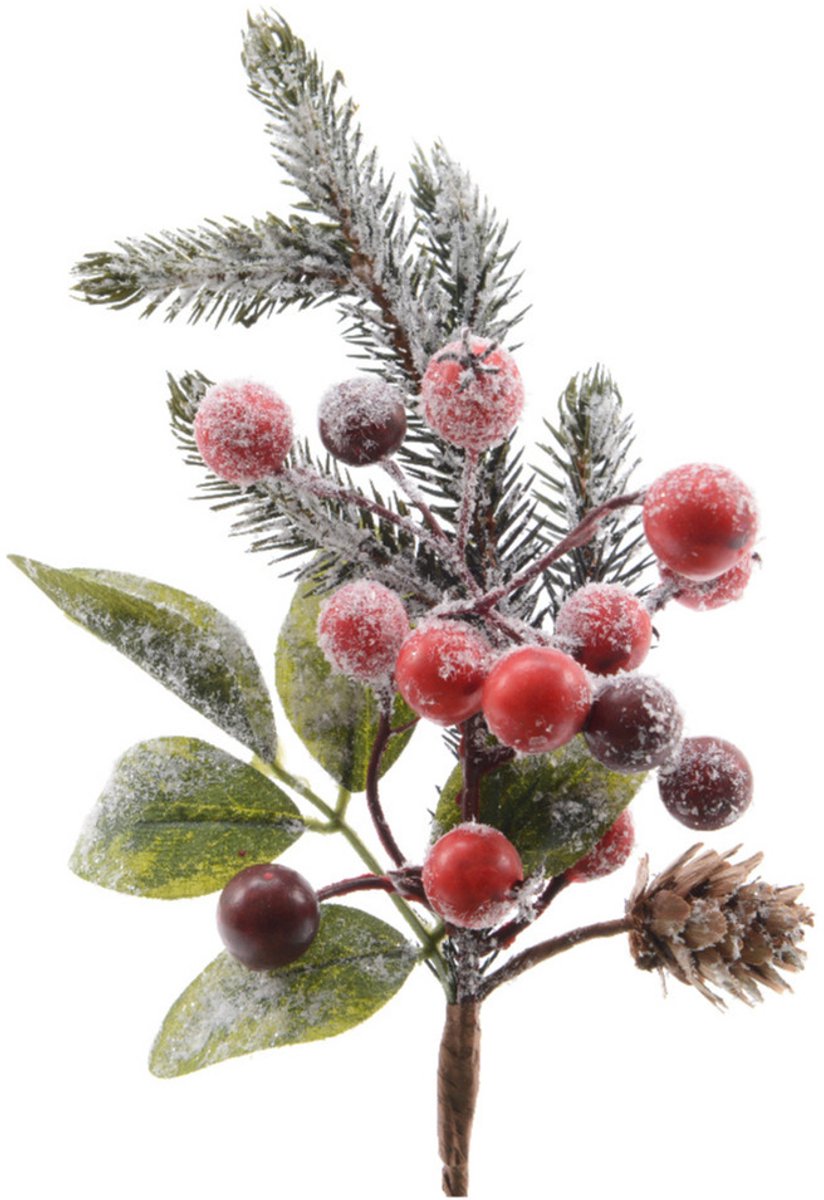 Kerststukje met bessen, sneeuw, groen en rood - 20 cm.