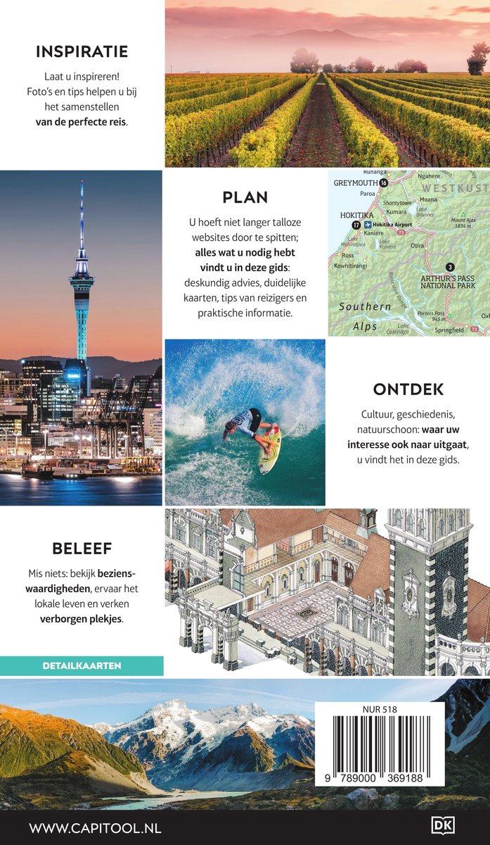 Nieuw-Zeeland: wijngaarden bij zonsondergang, de Sky Tower in Auckland, een surfer, een kaart en een historische tekening.