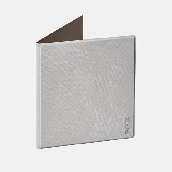 Lichtgrijze, magnetische BOOX e-reader hoes, half open met bruine binnenzijde.